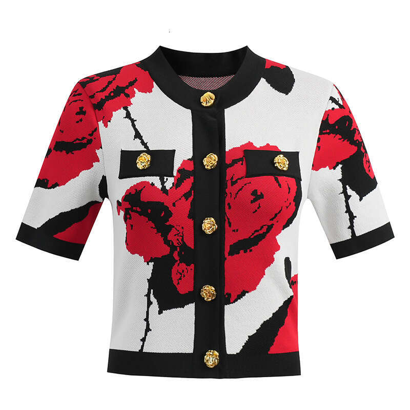 2026 Summer a1 New Small Fragrance Knitted Cardigan Rose Jacquard Metal Button Women's Slimming Top