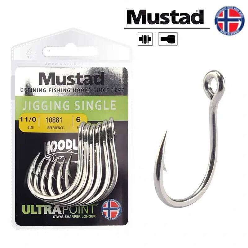Original Mustad 10881 Fishing Hooks Jigging Single Ocean Jig Big Barbed With Hole Squid Carp Hardbait Hook Pesca Z260228