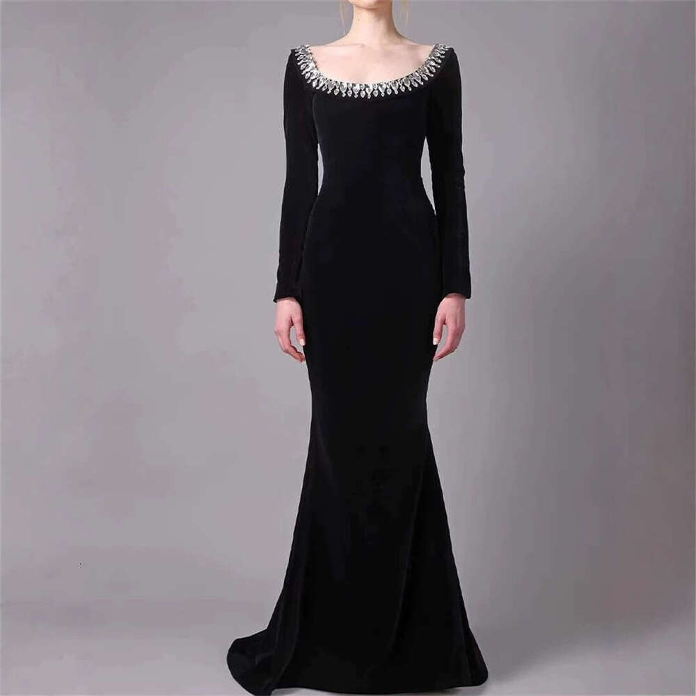 2026 Spring Elegant Women's Sexy Design Diamond Decoration Deep U Neck Elastic a3 Velvet Slimming Mermaid Long Dress