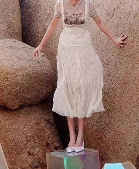 a2 2026 spring/summer new niche design goddess elegant temperament mesh embroidery waistband top long skirt set