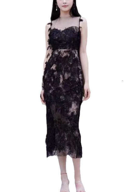 2026 niche designer fashionable romantic fairy style slim shoulder strap mesh embroidered lace a3 slim fit dress