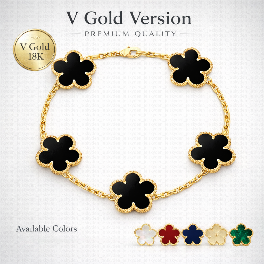 Premium 18K V Gold Edition 5 Motifs Clover Bracelet, Long-lasting Color Retention Lucky Flower Link Bracelet, Luxury Retail Quality Jewelry