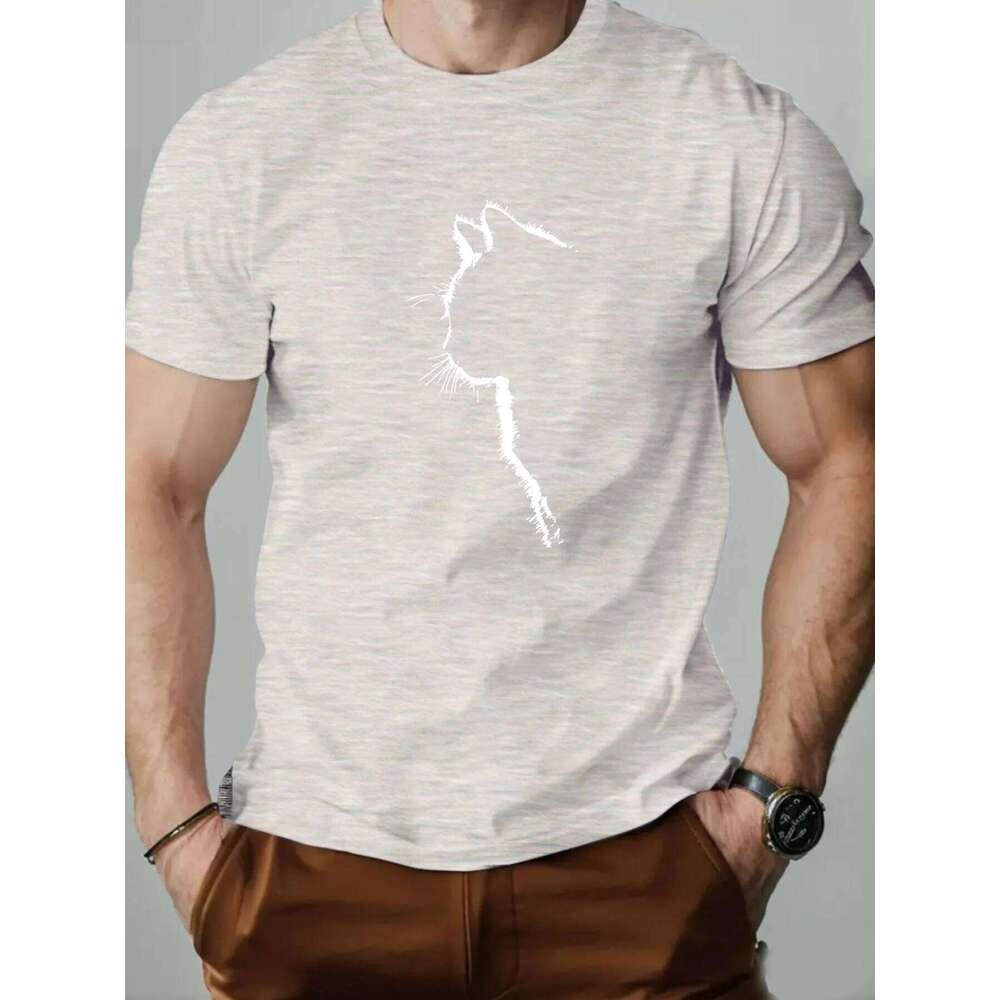 Men's 100% pure cotton fashionable casual loose sports cat side face pattern printed round neck short sleeved T-shirt top C260228 - view 4