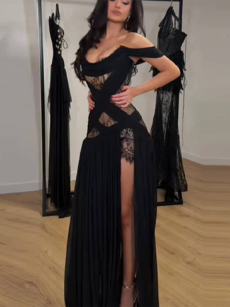 Elegant Lace Patchwork Slit Strapless Dress Sexy Off-shoulder High Waist Long Skirt New Trendy Party Y2k Robe Gothic Style Gown dongdumaoyi