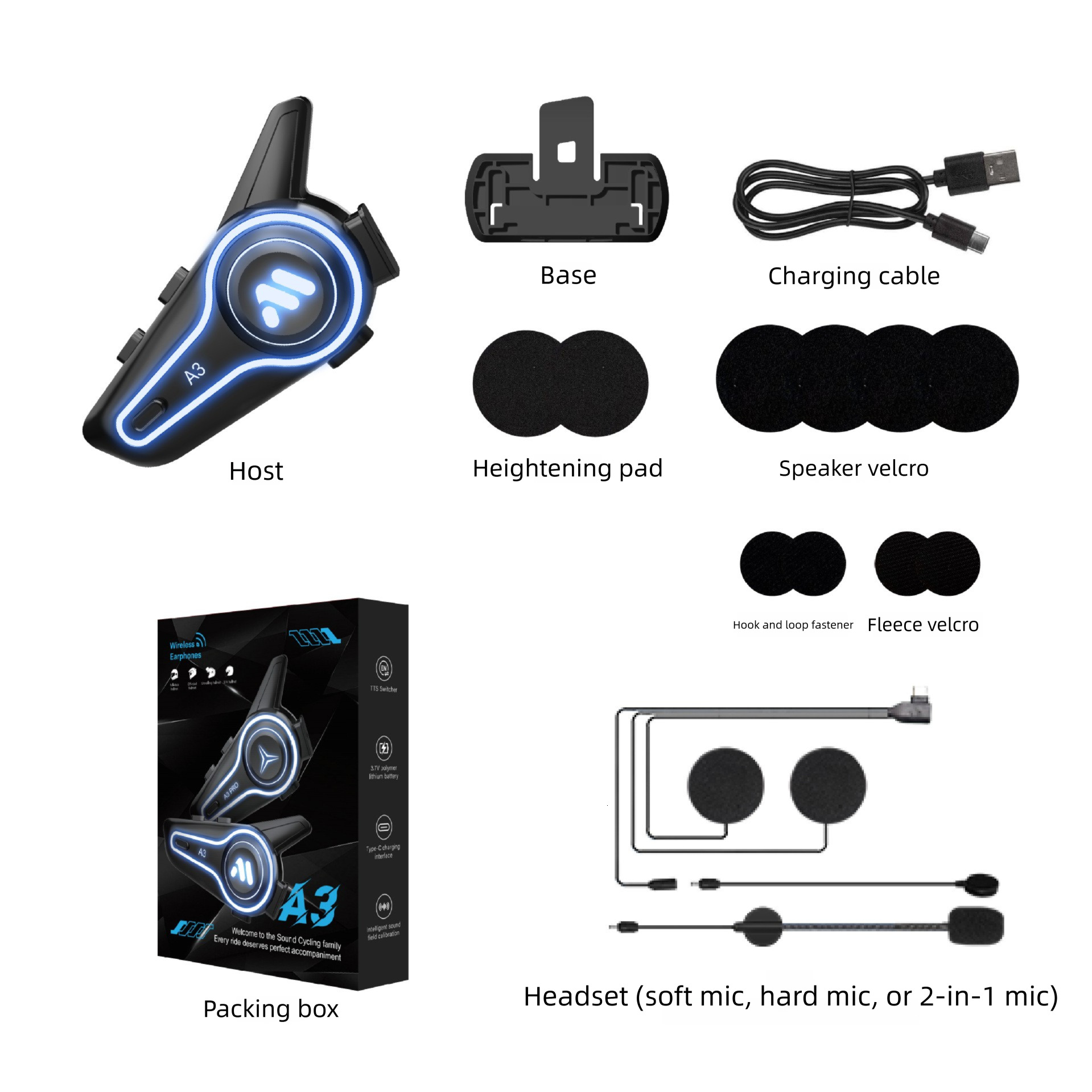 Motorcycle helmet Bluetooth headset A3 wireless intercom with full half helmet, long endurance, heavy bass, intelligent waterproof noise reduction