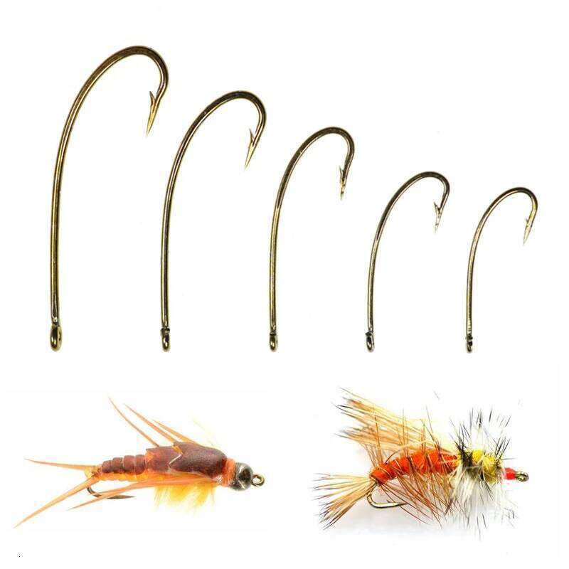 50PCS/Pack Long Shank Curve Fishing Fly Stonefly Nymph Tying Stimulator Flies Hook Bronzed Size 8 10 12 14 16 Barbed Z260228