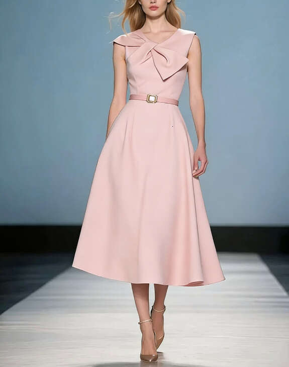 2026 niche a3 elegant gentle temperament commuting Hepburn style bow sleeveless waist tied long skirt solid color long skirt
