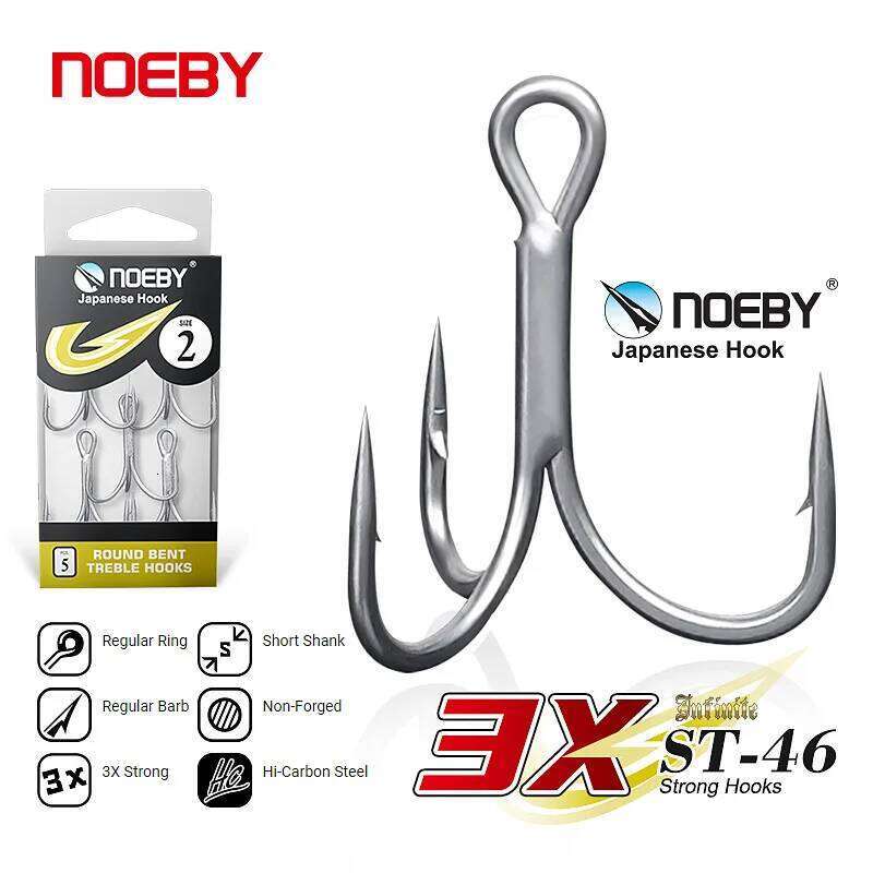 Noeby High Carbon Steel Hooks, Round Bent, Treble Hook, Fishing Tackle, 1 2 4 6 8 10 #, 3X, ST-46, 4Pcs Z260228