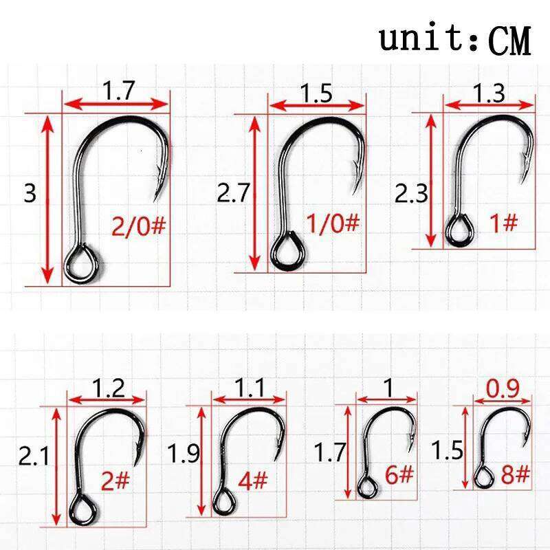 50pcs Size 8#-2/0# for Fishing Lure Replacement Single Fish Bait Inline Hook Big Eye Sharp High Carbon Steel Z260228