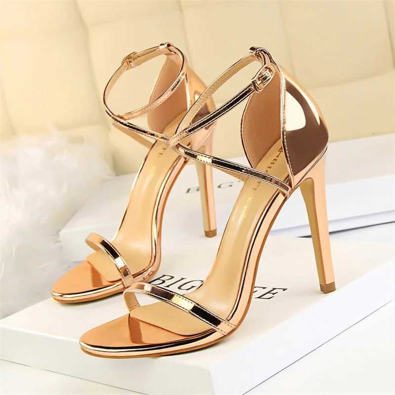 Women Thin High Heels Summer Champagne Gold Open Toe Strap Sandals Roman Pumps Gladiators Hollow Cross Strap Sandals K260228