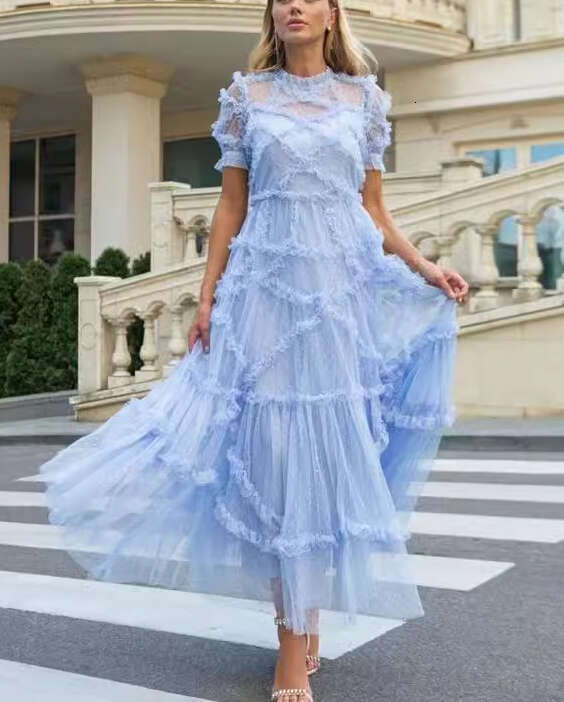 2026 Spring/Summer New European and American Women's Dream Fairy Lotus Leaf Edge Flow Net A1 Long Skirt