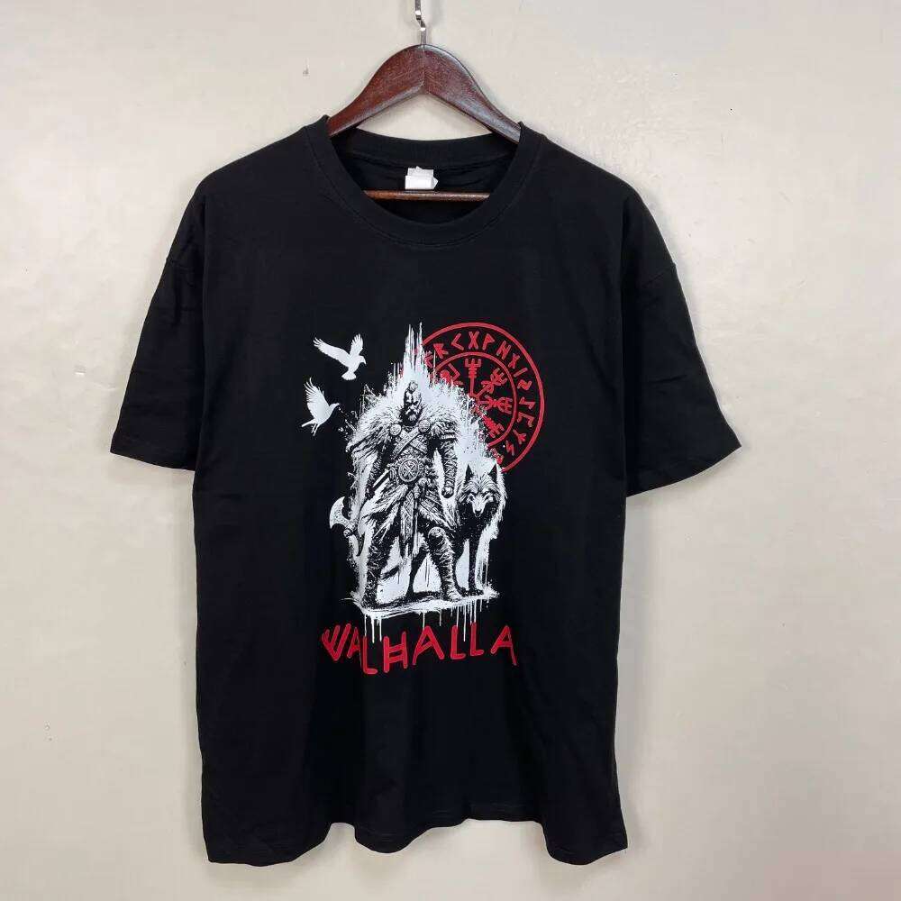 Valhalla Wolf and Raven Viking Runes Norse Compass T-Shirt Warrior Culture Tshirt Retro Pattern Men Crewneck Cotton Tee Top C260228 - view 3