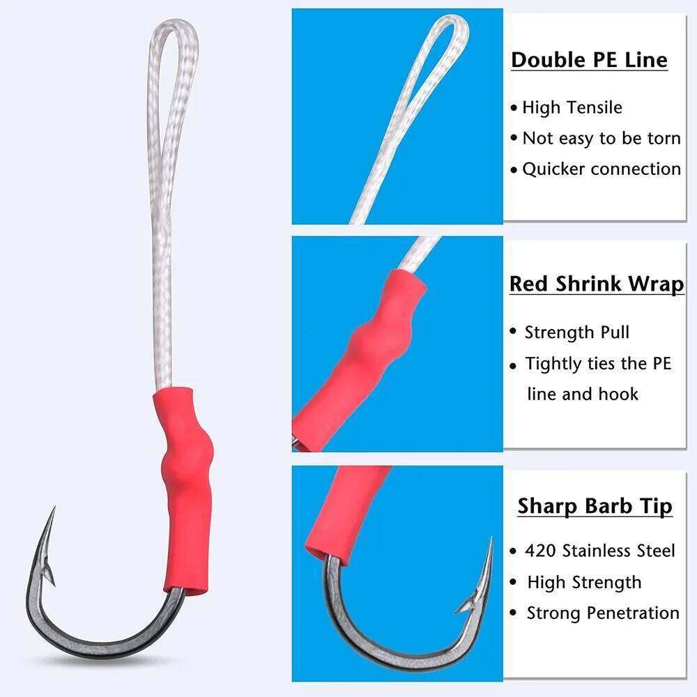 10Pcs with PE Line Stainless Steel Vertical Jigging Assist Saltwater Fishing Jigs Hooks for Tuna Z260228