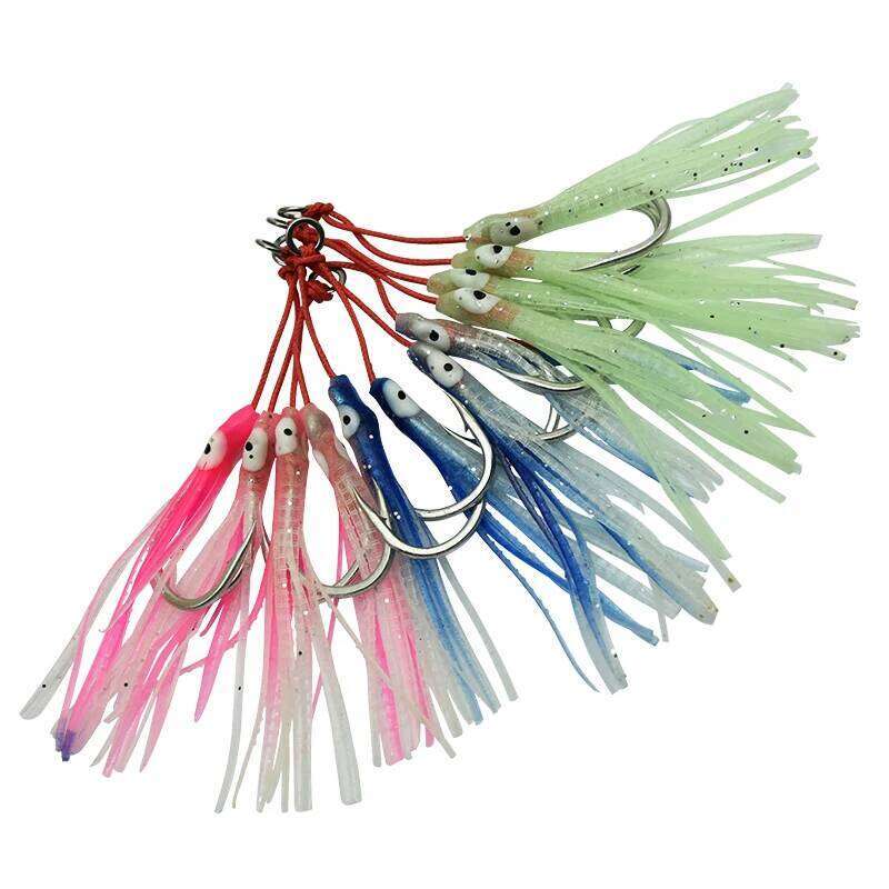 4pcs/lot Luminous Octopus Metal Jig Mate High Carbon Steel With Assist Silicone Ribbon Marine Fishing Double Jigging Hook Z260228
