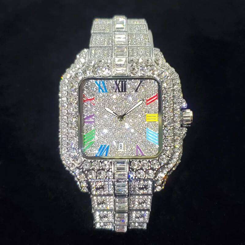 2025 New Luxury Diamond Watch Men Fashion Iced Out Square Colorful Number Watches Hip Hop Bling Jewelry Reloj Hombre for Party 26H0228