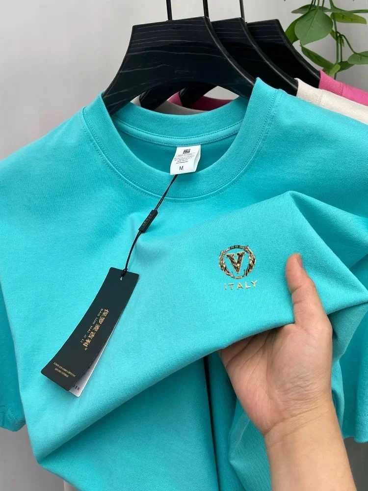 Men's 100% Cotton Letter Embossed T-Shirt Luxury High-End Summer Round Neck Comfort Breathable TopT260228