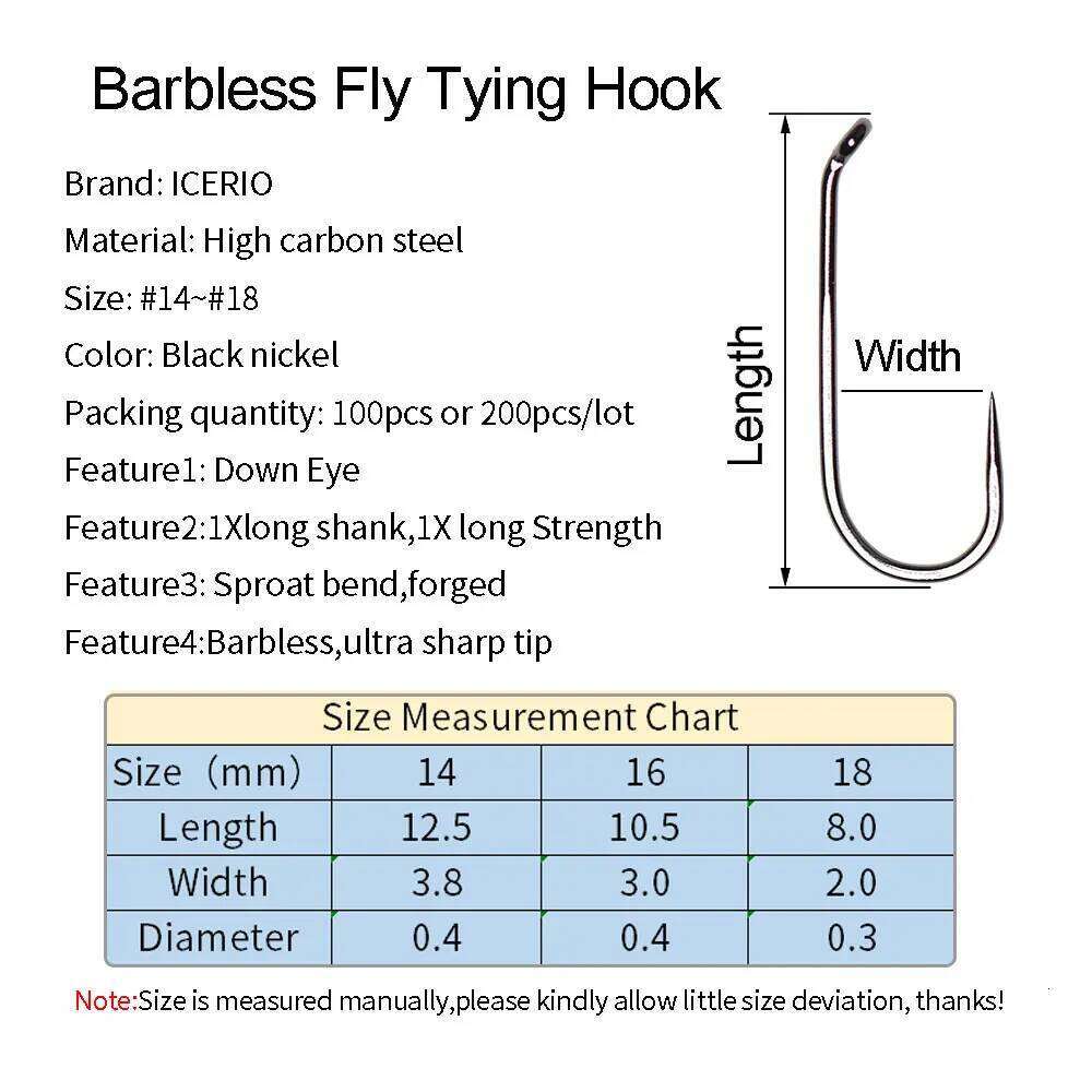 ICERIO 100PCS 200PCS Barbless Hook For Knitting Nymph Dry Wet Fly Tying Fishing Hook#14 #16 #18 Z260228