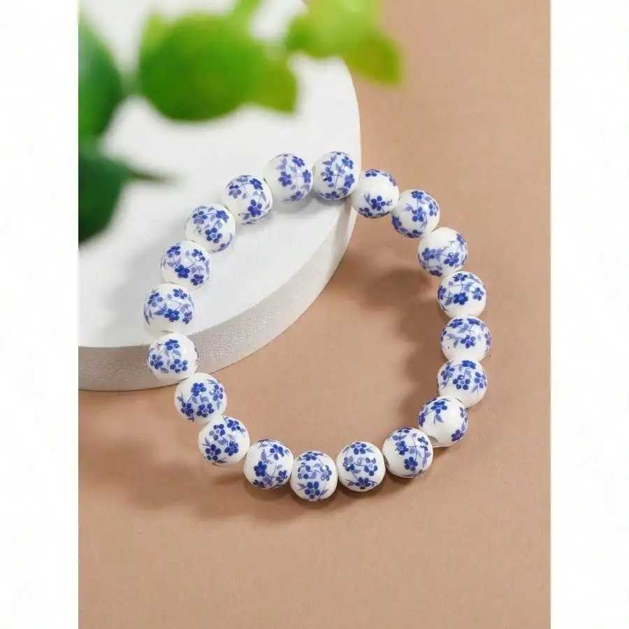 1pc Chinese Blue Floral Ceramic Bead Bracelet For Women - Round Simple Design Fashion Jewelry Perfect For H260228
