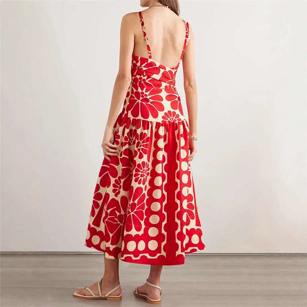 2026 spring/summer a3 European and American niche vacation style goddess temperament printed suspender long skirt paired with flowing skirt