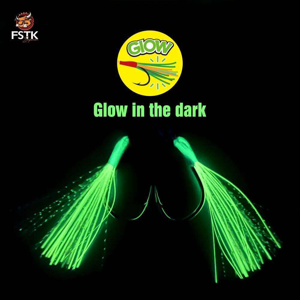 FSTK Metal Jig glow Feather Assist Hook12#13#14#High Carbon Steel epoxy glue Double hook Sea Fishing Hook Slow Jigging Z260228