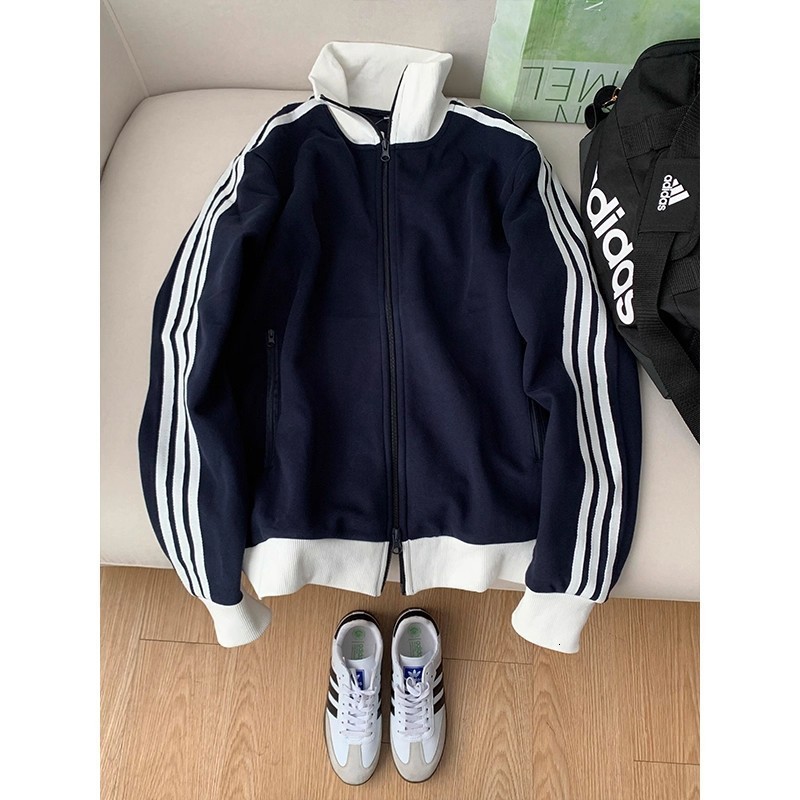 Navy blue three-stripe short jacket for men and women autumn wear color-blocking stand-up collar baseball jacket American-style sports jacket 251013