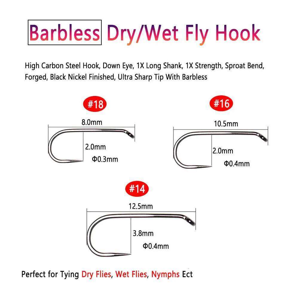 Bimoo 50pcs/100pcs #14 #16 #18 High Carbon Steel Barbless Hook For Tying Dry Wet Fly Nymph Trout Baits Z260228