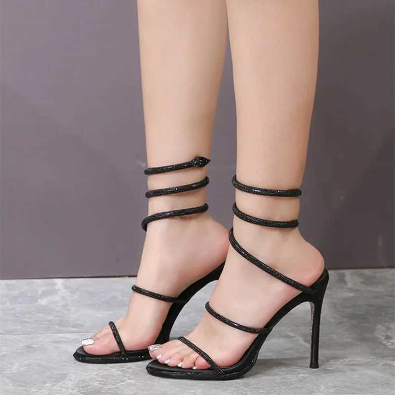 FAshion Summer Snake Twine Around Crystal Women Sandals RhinESTones Thin High heels Gladiator Sandals Party Prom Shoes K260228