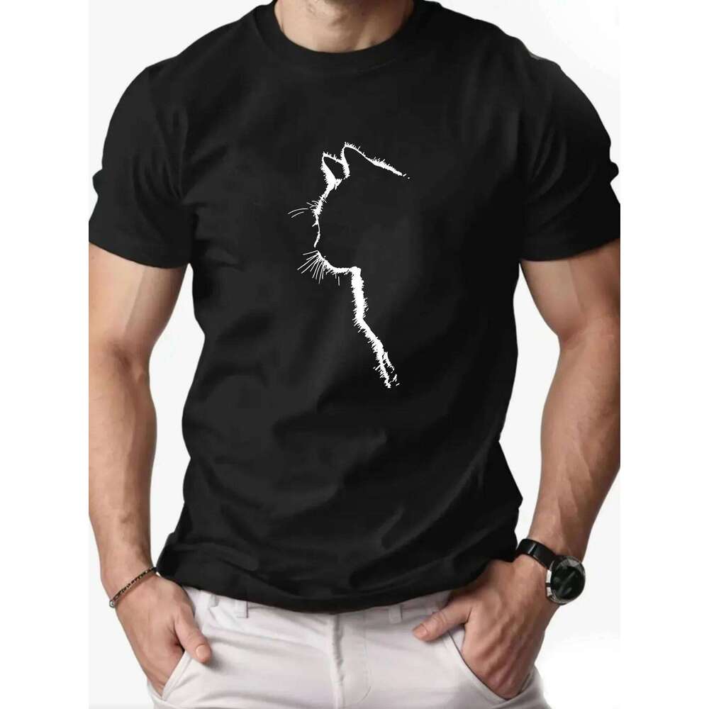 Men's 100% pure cotton fashionable casual loose sports cat side face pattern printed round neck short sleeved T-shirt top C260228 - view 6