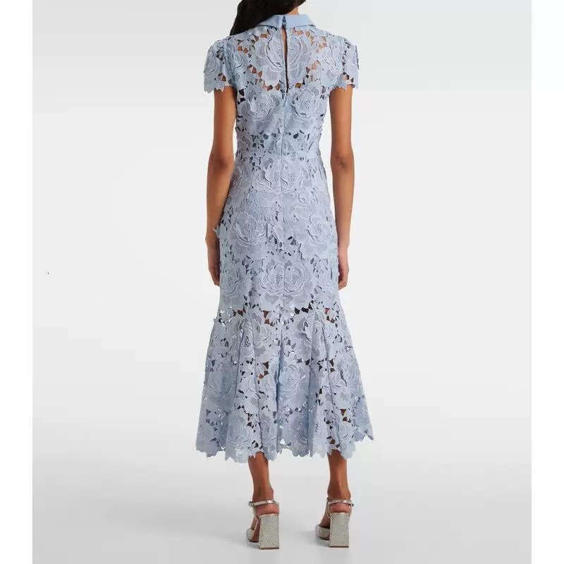 2026 Summer Designer Fashion Brand Elegant Social Style Stand up Collar Flower Water a2 soluble Lace Tight Mermaid Long Dress