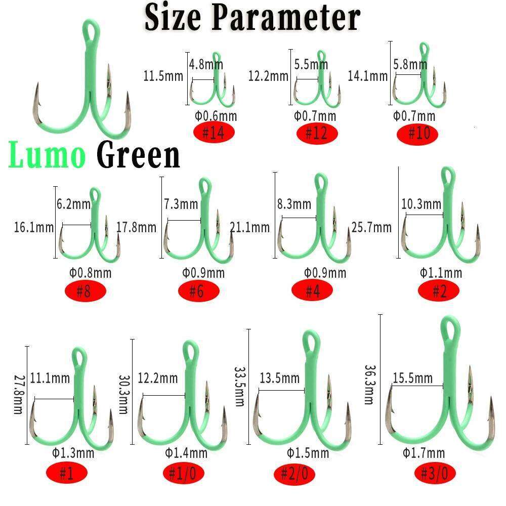 Wifreo 10pcs Luminous Green Treble Barbed Sharp Triple Sea Hooks Hard Lures Bait Hook Fishing Tackle Z260228