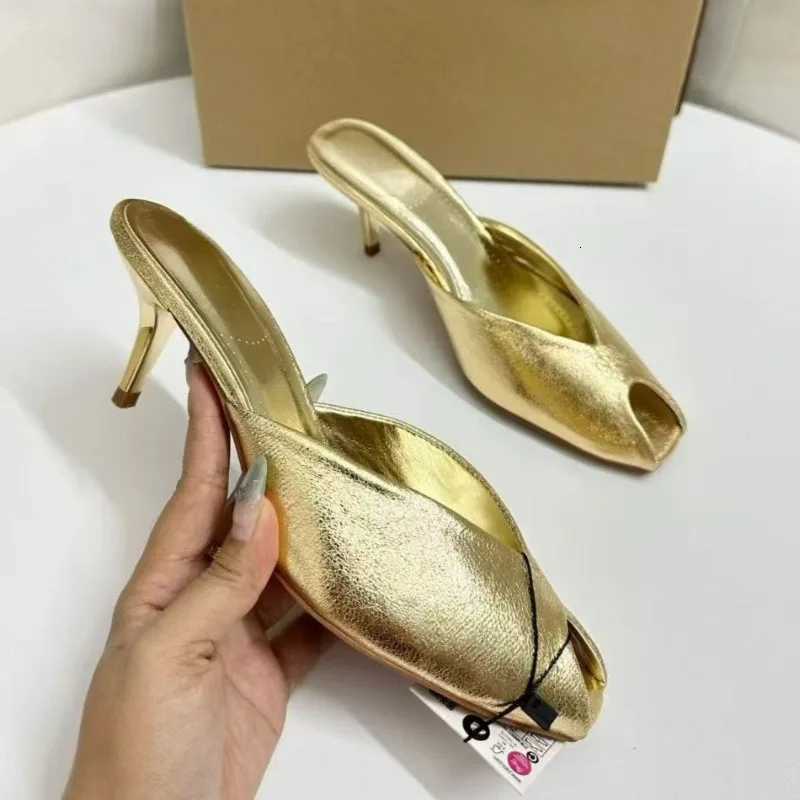 Shiny Gold Women Mules Shoes Shallow Slip on Fashion Peep Toe Party Dress Mid Heels Summer Modern Sandals for Ladies K260311