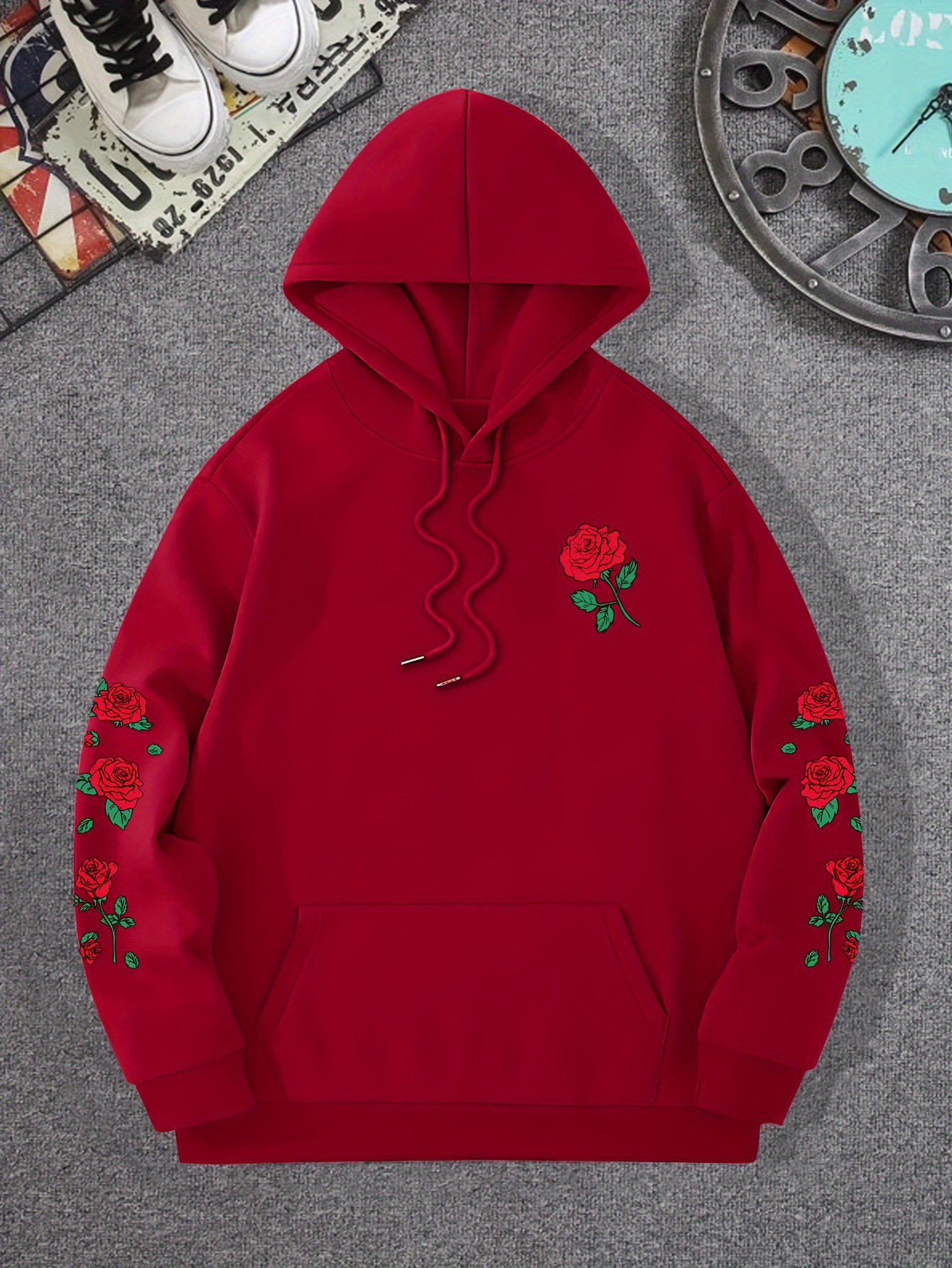 Luxury Brand Designer Clothes Foreign Trade New Printed Red Rose Drop Shoulder Sweatshirt Casual Street Style Unisex Pullover Loose Hoodie
