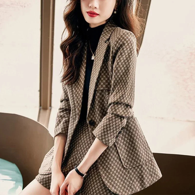 Autumn Winter Womens Elegant Fashion Printed Slim Blazers High Waist Shorts Set Ladies Long Sleeve Casual Coat Short Pants Suit 260227 - view 3
