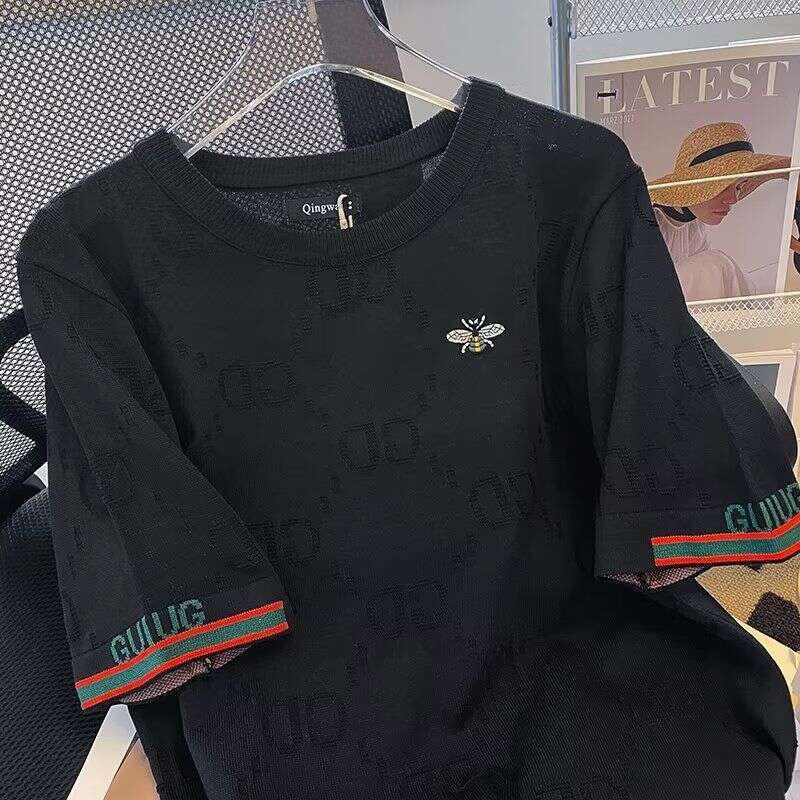 Men's Clohing Foreign Rade From He Sore~American-Syle Bee Embroidery Shor-Sleeve T-Shir, Ice Silk Round-Neck Plus-Size Kni
