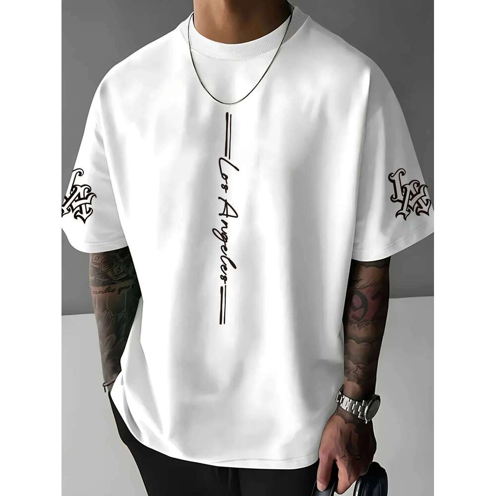 The 2025 summer new men's is a casual fashionable and creative line letter print round-neck T-shirt with polyester men C260228