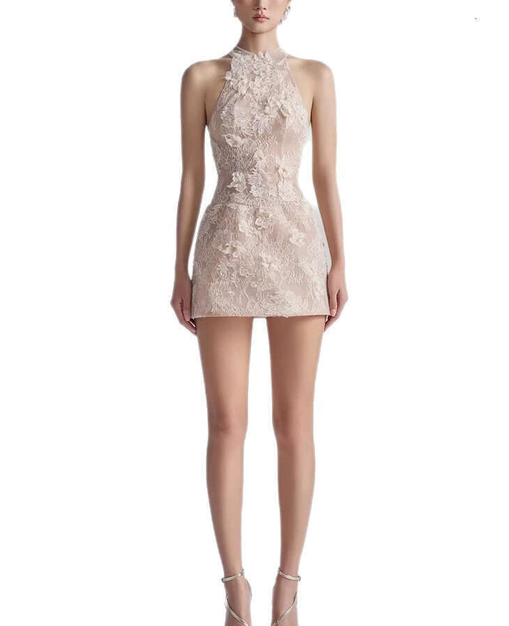 Summer 2026 niche design goddess sexy backless, shoulder less, sleeveless A1 3D floral lace short skirt