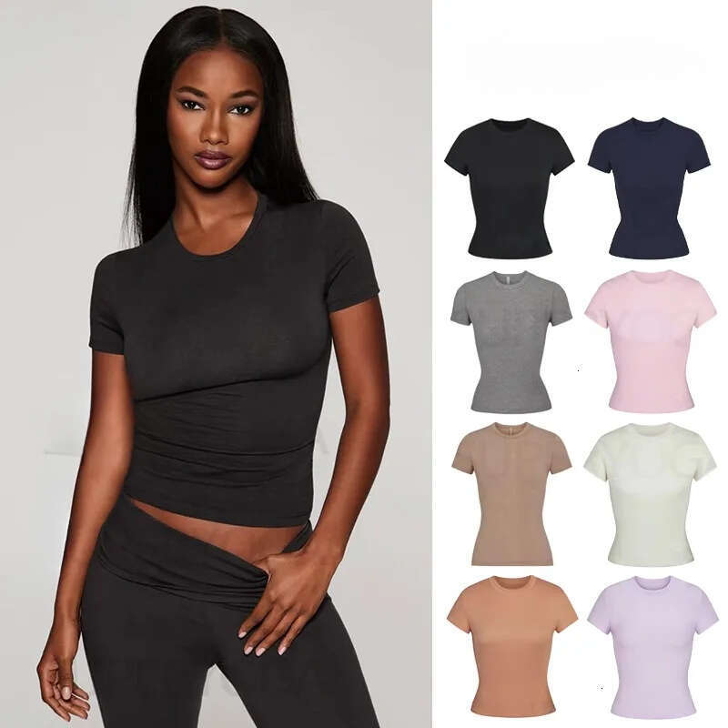 yoga Women Clothes Kim Kardashian top yoga T Shirt Short Sleeve Stretch Slim Kylie Same Style Ribbed Cotton Crew Neck Base Shirt