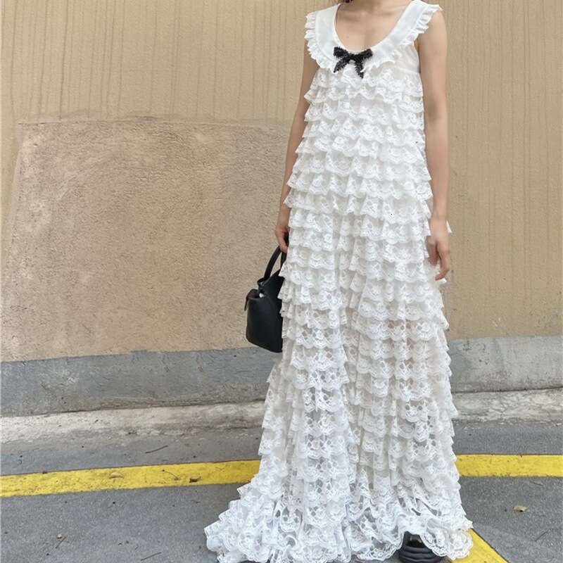 2026 Designer Trendy Celebrity Same Style Women's Princess Sweet Fairy Round Neck Sleeveless Lace Cake Long Dress