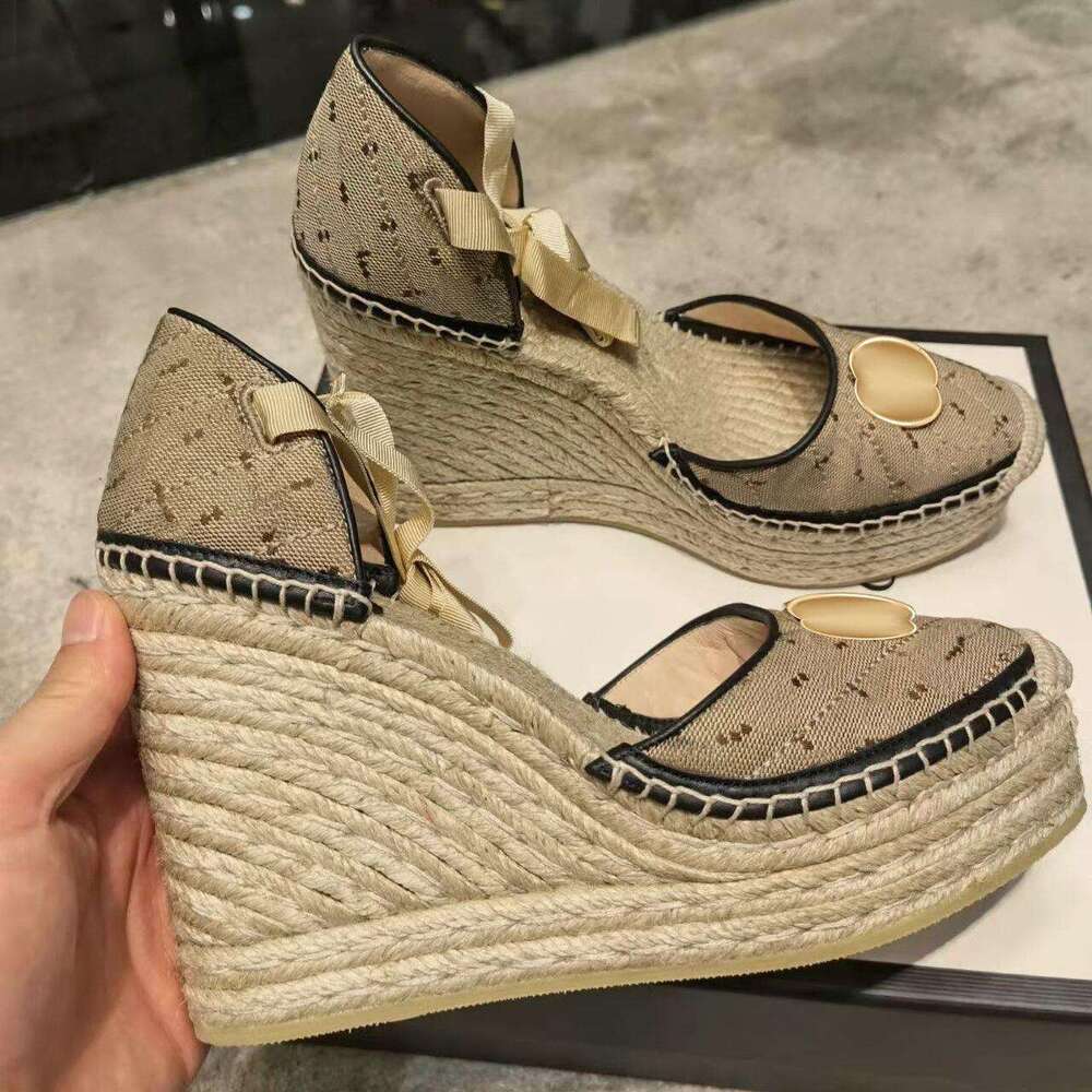 Luxury Straw Summer Mule canvas beach Sliders Top High heels Sandal slipper Platform shoe Designer shoe woman Heel Chunky fashion slide leather sandale wedge shoes