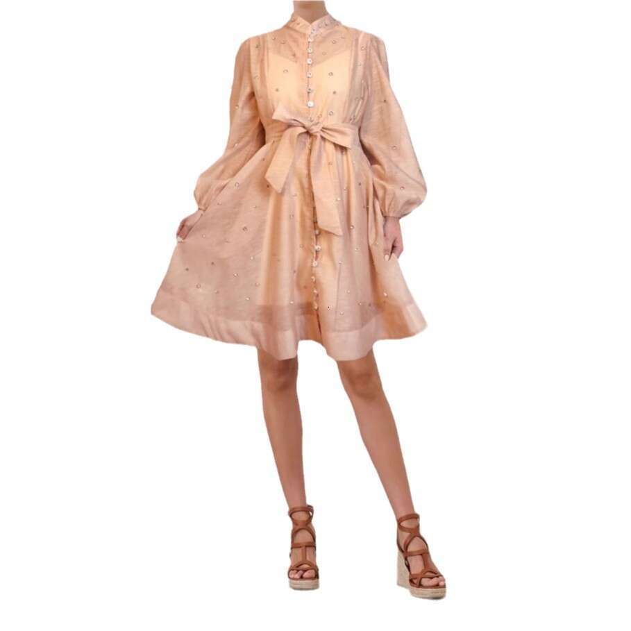 2026 spring/summer A1 new niche heavy-duty three-dimensional bead single breasted lace up elegant dress