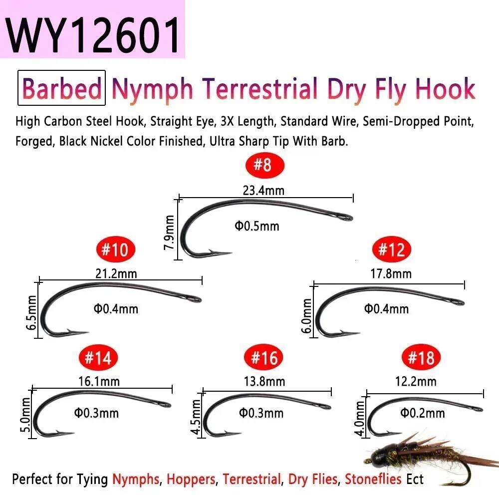 Bimoo 100PCS 1#~22# Barbed & Barbless High Carbon Steel Fly Tying Dry Wet Nymph Pupae Caddis Streamer Flies Fishing Hook Z260228