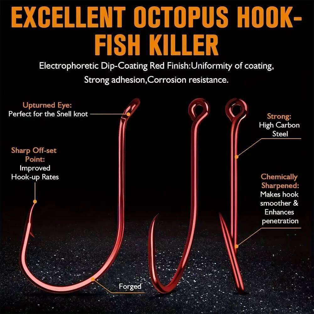25pcs/box high-strength hooks, red octopus hooks with eyes and barbs, outdoor fishing tackle Z260228