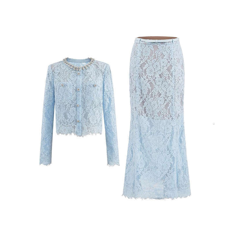 2026 spring/summer designer fashion brand social elegant temperament style lace top slim fit skirt set
