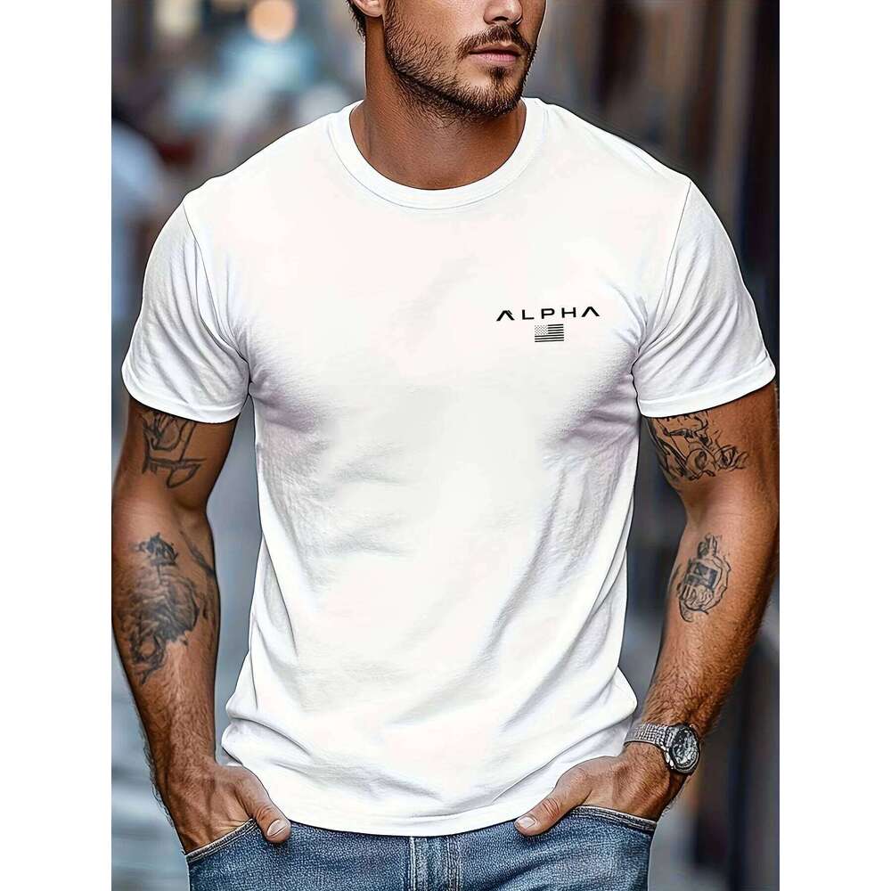 Men's Summer 100% Cotton Fashionable Casual Sports Loose Fashion ALPHA Pattern Printed Round Neck Short Sleeve T-shirt Top C260228 - view 5