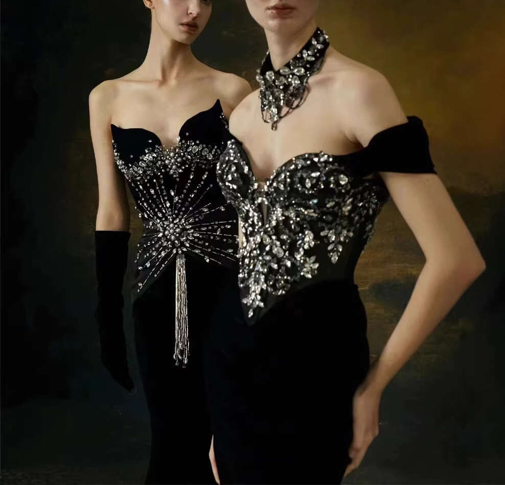 2026 New Women's European a3 and American Fashion Luxury Rhinestone Sexy Strapless Waist Tight Tail Long Evening Dress