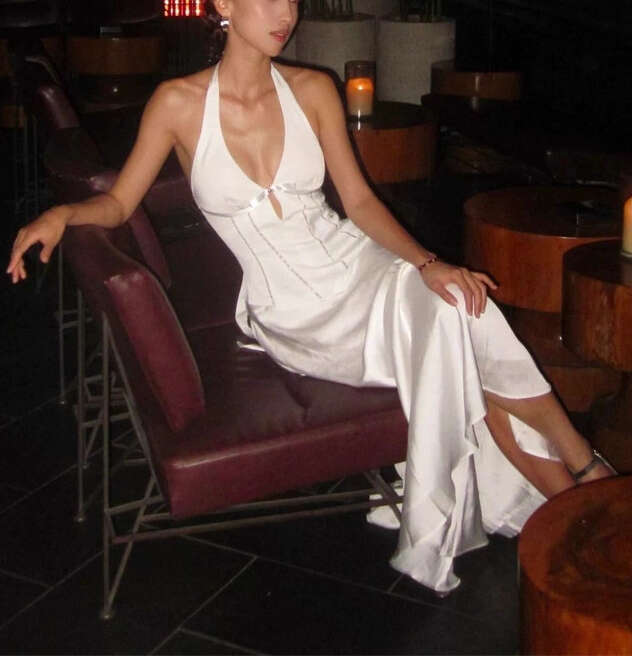 2026 new designer style sexy goddess lace up backless collar V-neck waist cinching a3 slim flowing dress