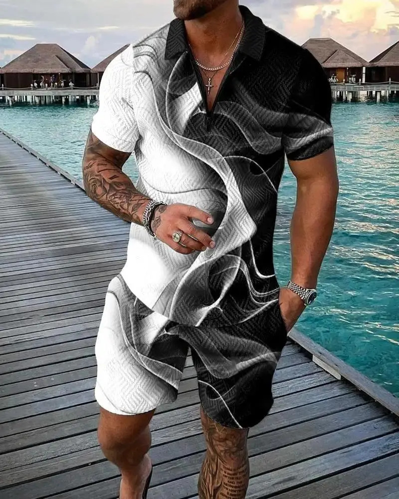 Mens Zipper Collar Polo Shirt And Shorts 2 Piece Set Hawaii Fashion Bohemian Geometric Style 3D Printed Summer Casual Suit 260227