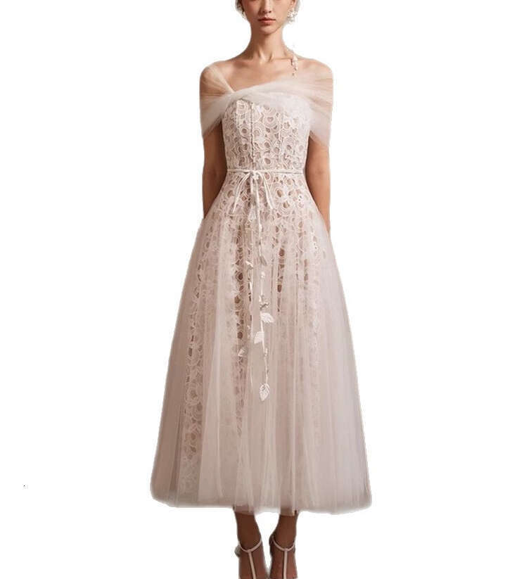 2026 Summer Women's Designer Fashion Brand a3 Elegant Fairy like Shawl Mesh Lace Long Dress