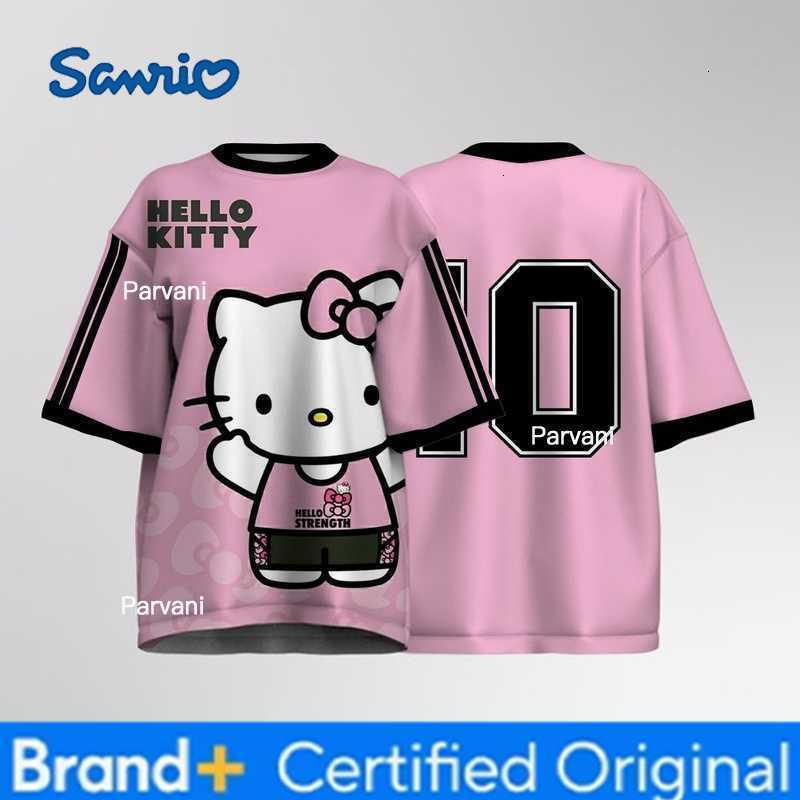 Sanrio Ladies 1 Number and Hello Kitty Print O-Neck Short Sleeve Loose Casual Summer Short Sleeve T-shirt Football Jersey Top H260228