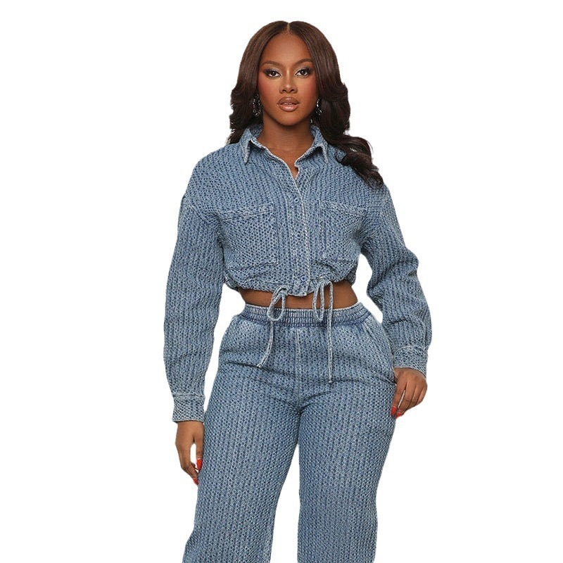 DEAT Autumn Arrivals Long Tassel Sleeve Single Button Denim Short Jackethigh Waist Full Jeans Two Piece Set Women MK359 210331